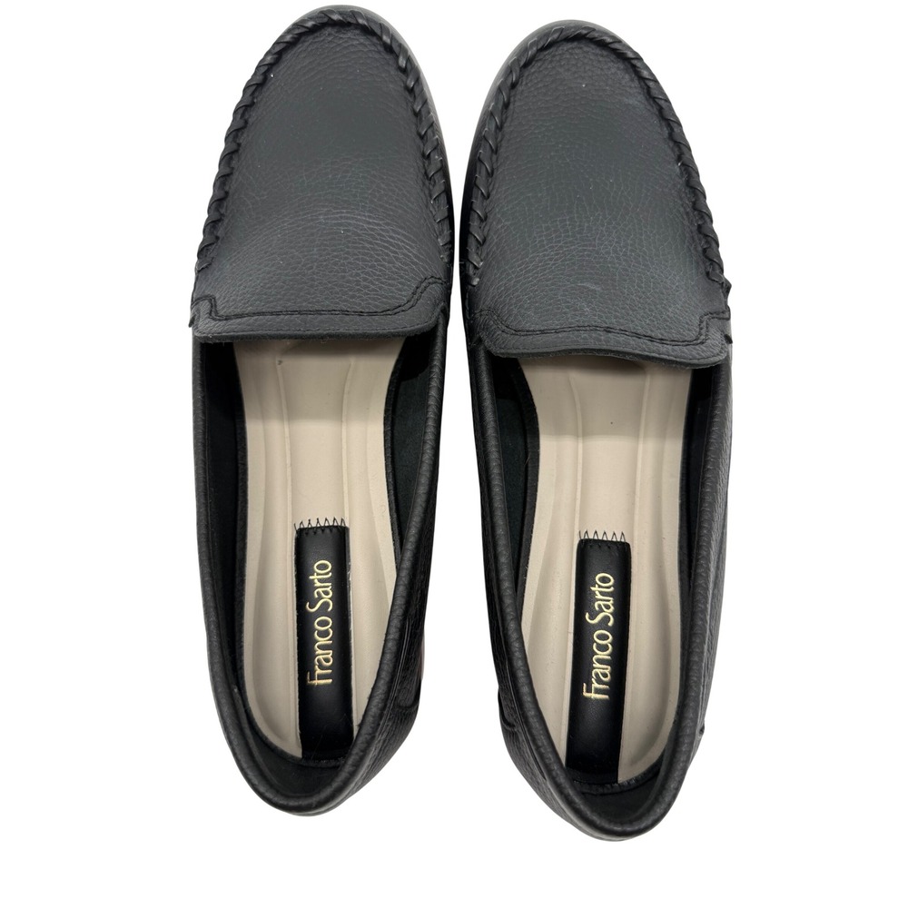 Franco Sarto Loafers Womens 8.5 Black Pebbled Leather Whipstitch Slip On Shoe